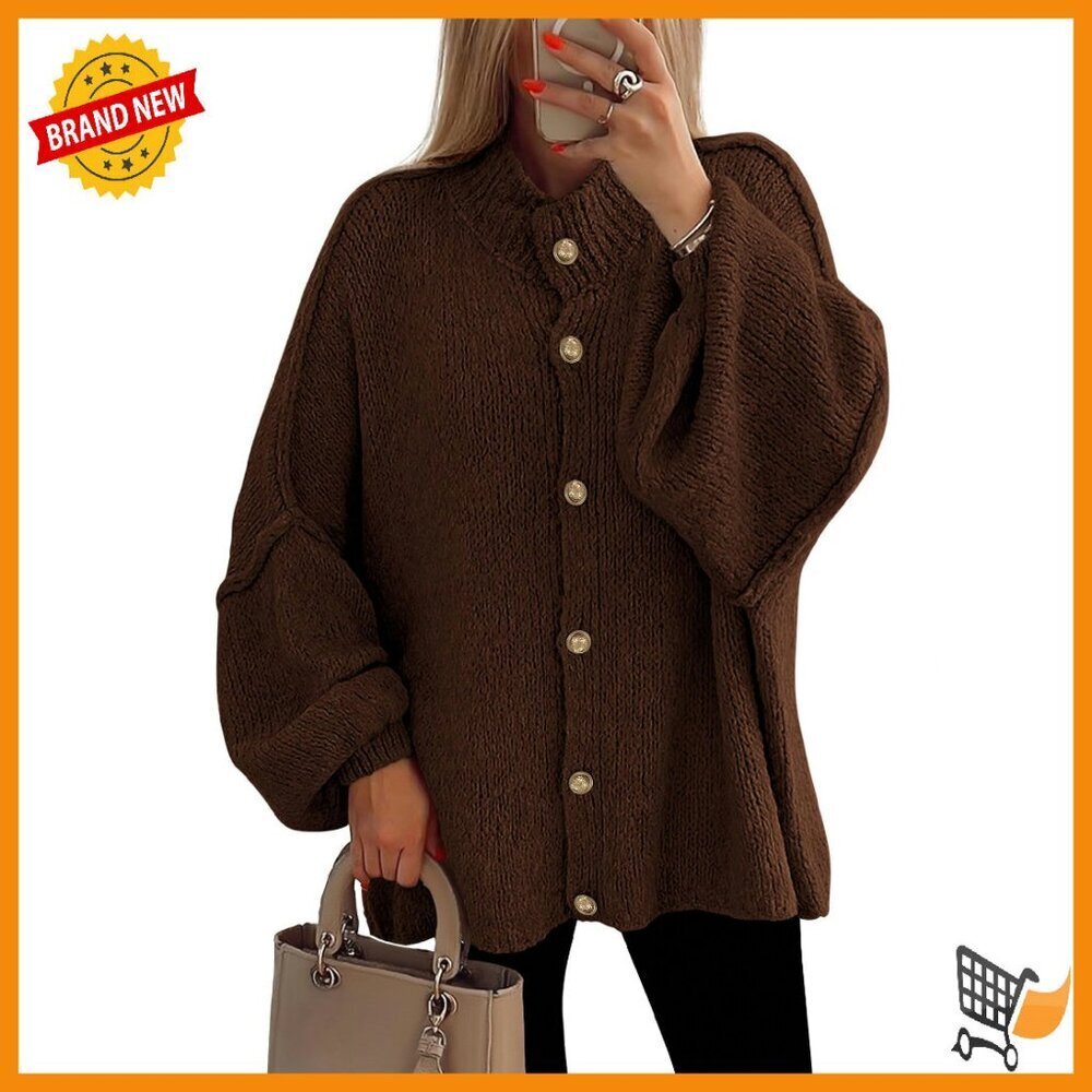 Chunky Knit Cardigan Mock Neck Lantern Sleeve Drop Shoulder Winter Sweater
